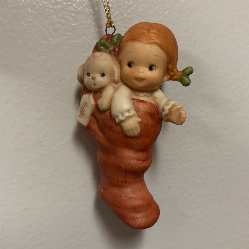 Vintage 1989 Christmas ornament Girl Doll in stocking by Enesco
